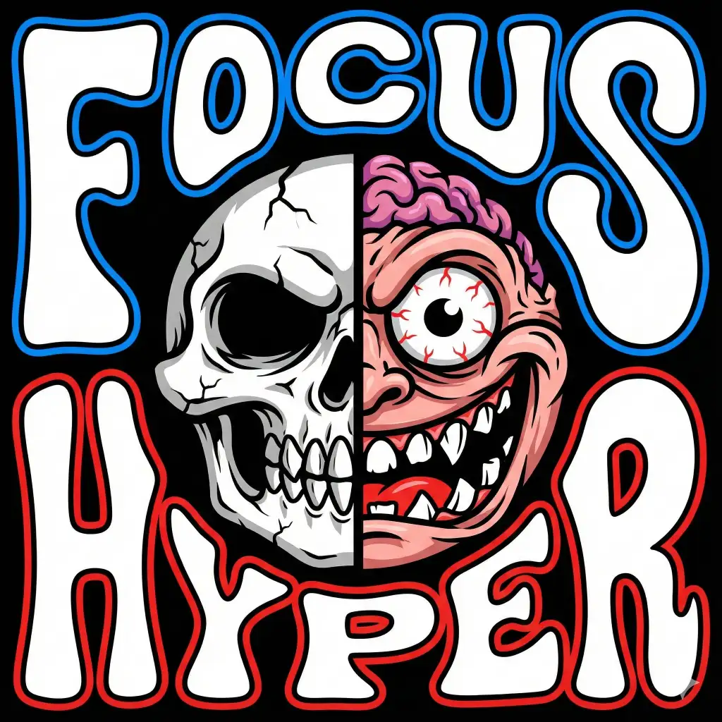 Create a bold, graphic illustration designed like a modern streetwear or skate-brand logo, built around a perfectly symmetrical, split-face composition. The image is divided vertically down the center, forming a mirrored but contrasting character. One half of the face is skeletal and hollow-eyed, while the other half is fleshy and exaggerated, featuring a bulging eyeball with visible veins, exposed brain texture, and a wide, toothy grin. The expression feels manic, energetic, and slightly grotesque, but rendered in a playful, cartoon style rather than realistic horror. Surrounding the face is hand-drawn, chunky lettering that curves in a circular layout. The top text reads "FOCUS" and the bottom reads "HYPER", both in thick, rounded, retro-style fonts with uneven edges. The typography feels bold, youthful, and slightly warped, matching the intensity of the character. Use aspect ratio 1:1.