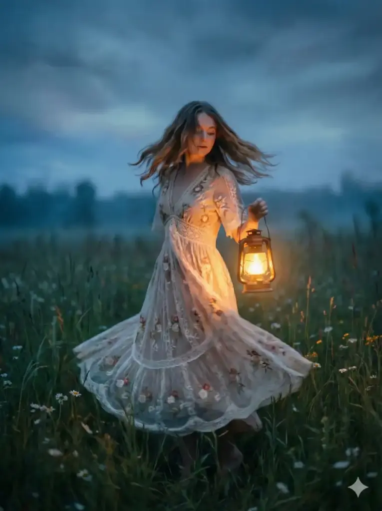Create a whimsical, soft-focus portrait of a young woman in a field of tall grass and wildflowers during the "blue hour" (just after sunset). She is wearing a flowing, bohemian lace dress with flower patterns. She is twirling slightly, her hair moving dynamically. The lighting is ethereal and moody, with a cold blue tone contrasted by a warm lantern she is holding near her face. The image should have a painterly, romantic quality with soft edges and a dreamy atmosphere. Use aspect ratio 3:4.