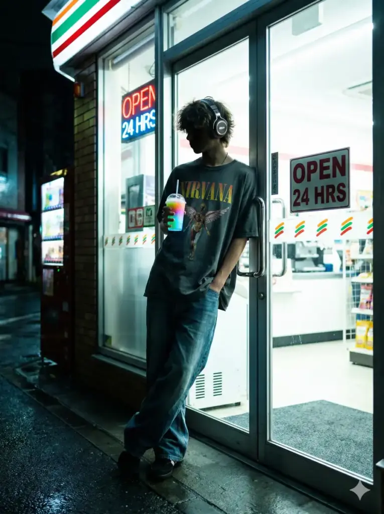 Create a trendy, aesthetic night shot of a teenager standing immediately outside the glass doors of a bright 24-hour convenience store. They are wearing an oversized vintage graphic t-shirt, baggy denim jeans, and large retro headphones around their neck. They are holding a colorful, glowing slushy drink. Their posture is slouched and relaxed, leaning against the glass wall. The lighting is unique: the bright, clinical white light from inside the store backlights them, creating a "halo" effect around their hair, while the street side remains dark, silhouetting their figure slightly. Use aspect ratio 3:4.