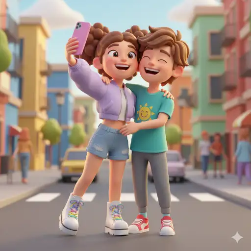 Create a cute 3D cartoon illustration of a couple taking a cheerful selfie together. The girl holds the phone slightly above them and tilts her head toward the boy with a bright grin. She wears a cropped jacket, denim shorts and cute boots. The boy wraps an arm around her shoulder while wearing a casual tee, joggers and sporty shoes. Add a colorful street scene behind them with soft depth of field. Use aspect ratio 3:4.