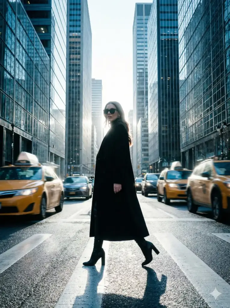 Create a cinematic image of a woman crossing a busy downtown street while wearing a long black coat, sunglasses, and heeled boots. Show her walking with confidence through blurred traffic. Use strong backlighting from tall buildings that creates dramatic shadows. Keep the color tone crisp with cool highlights. Add taxis, motion blur, and reflective glass facades in the background. Use aspect ratio 3:4.