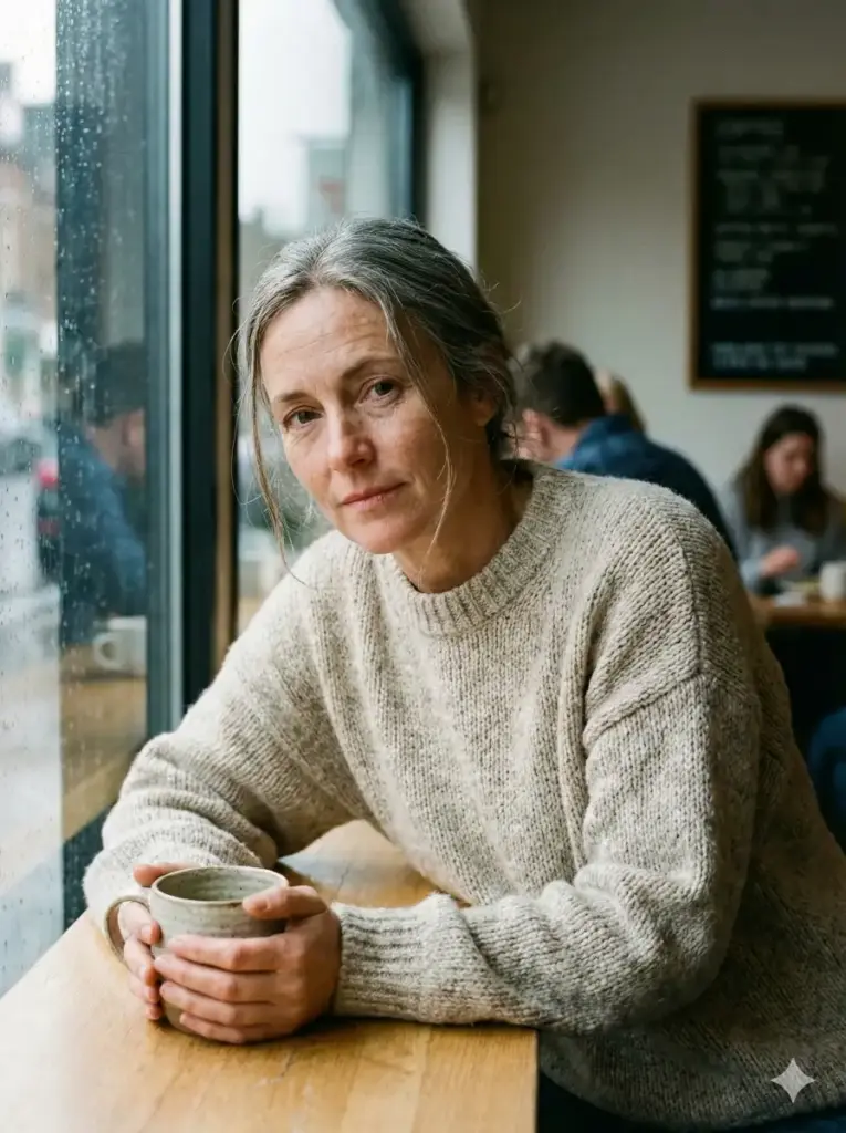 Create a hyper realistic photo of a woman sitting by a window inside a café, leaning slightly forward with her elbows resting on the table and hands gently wrapped around a ceramic coffee cup. She is wearing a neutral-toned knit sweater with visible fabric fibers and loose strands of hair falling naturally across her face. Soft window light illuminates one side of her face while the other falls into gentle shadow, revealing realistic skin tones, fine lines, and natural makeup. The background includes blurred café chairs, glass reflections, and subtle noise similar to a real camera sensor. Use aspect ratio 3:4.