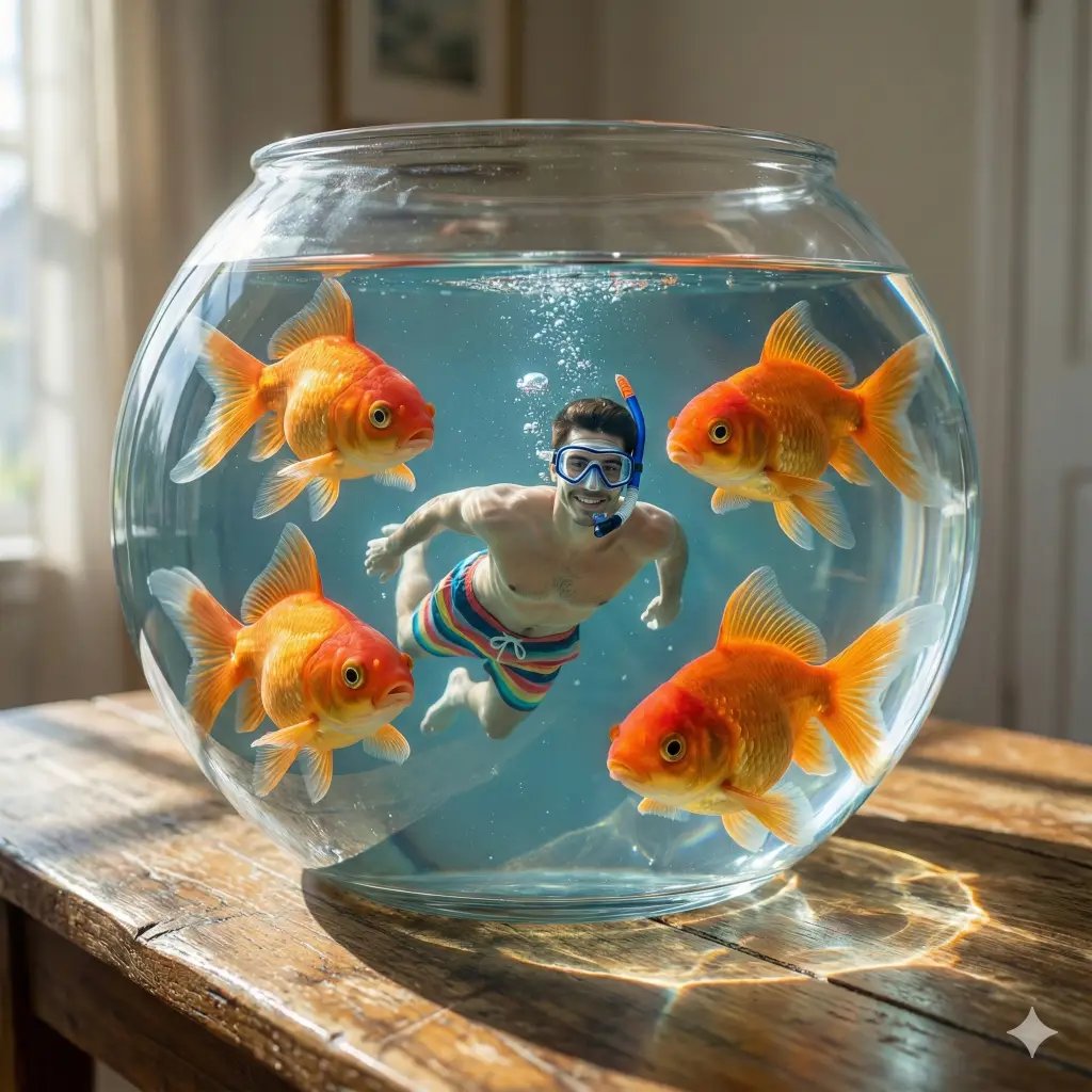 Create a hyper-realistic, surreal image of the person in the attached photo swimming underwater inside a large, crystal-clear glass fishbowl that is sitting on a vintage wooden table. The person is wearing colorful swimwear and snorkeling goggles. They are surrounded by three giant, friendly-looking goldfish who are looking at the person curiously. Light refracts through the water and glass, creating beautiful caustics on the table. 8k resolution, cinematic lighting. Aspect ratio 1:1.