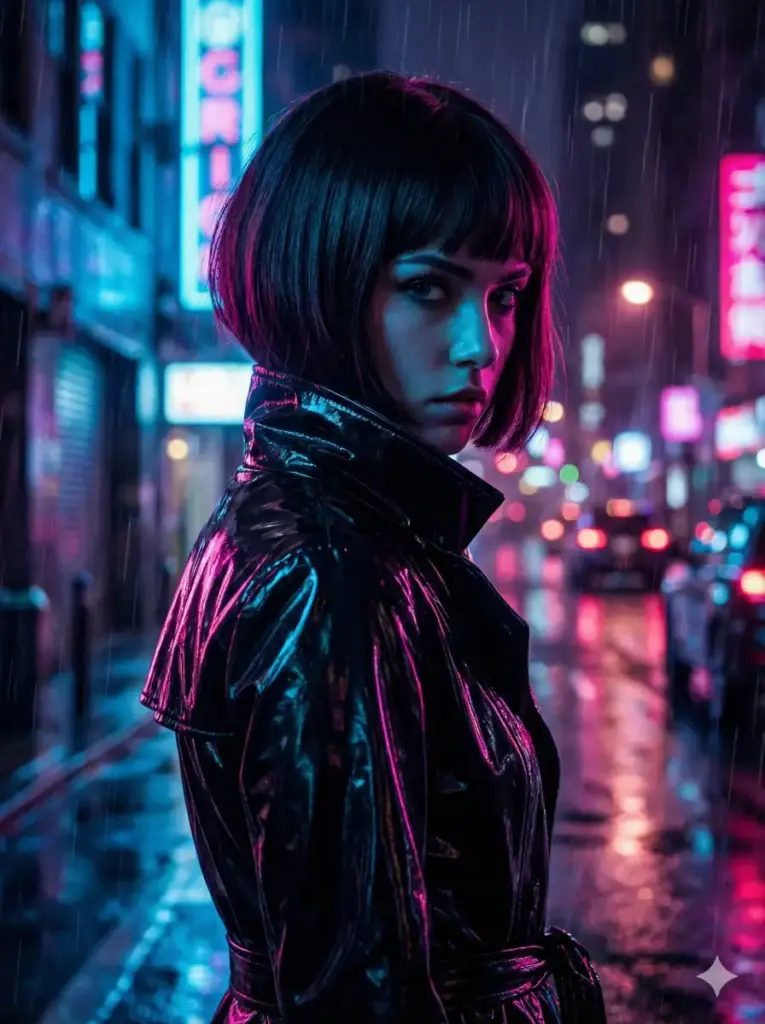 Create a stunning high contrast portrait of a young woman with a sharp bob haircut standing in a rainy cyberpunk alleyway. She is wearing a reflective black vinyl trench coat with the collar popped up. Her posture is guarded, looking over her shoulder with an intense gaze. The lighting creates a dramatic split-tone effect: harsh neon blue light hits the left side of her face, while deep magenta neon highlights the rim of her hair, leaving the center of her face in moody shadow. The background is a bokeh blur of wet pavement and city lights. Cinematic, hyper-realistic, 8k resolution. Use aspect ratio 3:4.