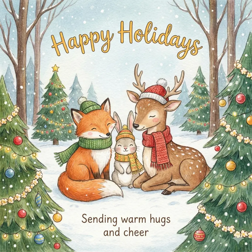 Create an illustrated card with adorable woodland animals like a fox, rabbit, and deer wearing tiny scarves and hats. Surround them with decorated trees and falling snow. Add cheerful handwritten text that reads Happy Holidays. Add a small friendly note below that reads Sending warm hugs and cheer. Use aspect ratio 1:1.