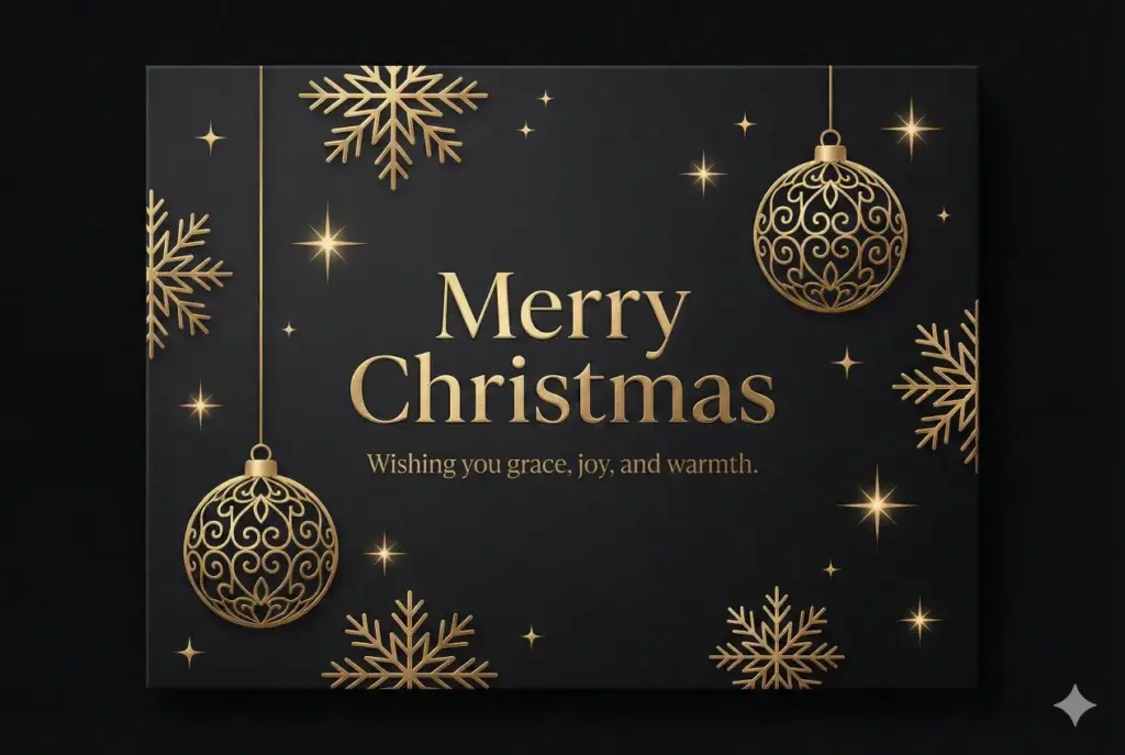Create a luxury themed Christmas card with a matte black background and gold metallic elements such as snowflakes, ornaments, and sparkles. Add subtle gradients for depth. Place stylish serif text at the center that reads Merry Christmas. Add a refined message below that reads Wishing you grace, joy, and warmth. Use aspect ratio 3:2.