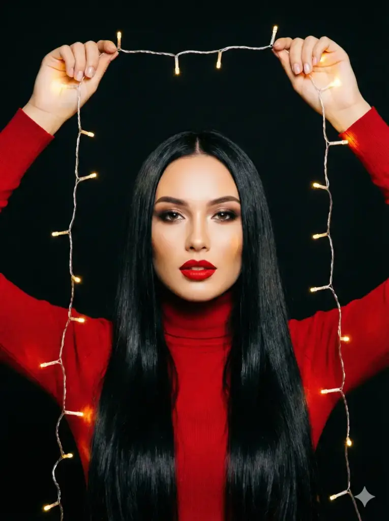 Create a striking Christmas studio portrait of a young woman centered against a deep black background, holding a string of warm white fairy lights raised above and around her head, framing her face symmetrically. She looks directly into the camera with a calm, confident, and captivating expression. Her long, straight jet-black hair falls smoothly past her shoulders, perfectly groomed and glossy. She wears a fitted red turtleneck sweater with long sleeves, creating a bold color contrast against the dark background. Her makeup is polished and glamorous. Use aspect ratio 3:4.