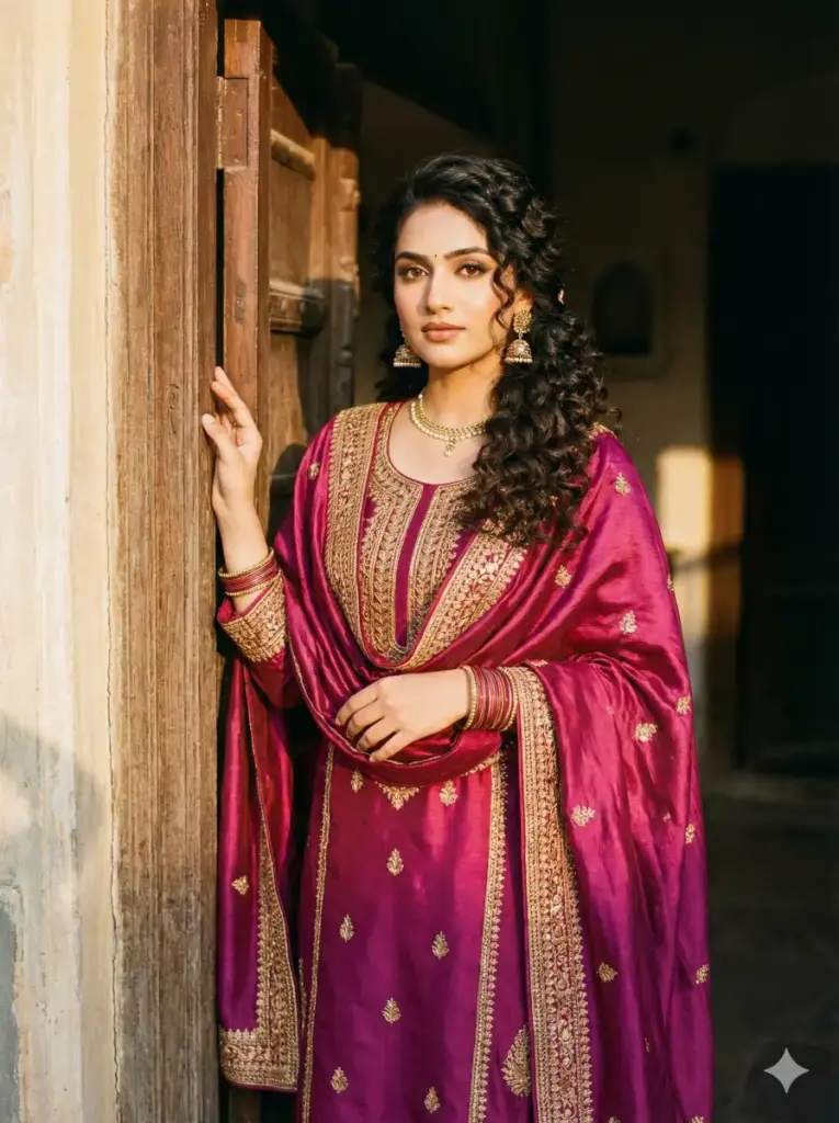 Create a traditional South Asian portrait of a young woman standing indoors beside a rustic wooden doorway, bathed in warm, golden ambient light. She wears a deep magenta salwar kameez adorned with intricate gold embroidery along the neckline, cuffs, and hem, paired with a matching dupatta draped gracefully around her neck. The fabric has a soft sheen, reflecting the warm light and emphasizing the ornate detailing. Her dark hair is styled in voluminous curls, swept to one side in a low, elegant arrangement. She wears traditional jewelry. Her makeup is classic and refined, with softly defined eyes, warm-toned skin, and natural lips. Use aspect ratio 3:4.