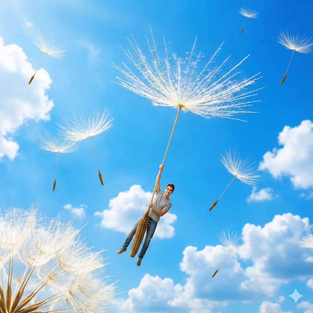 Create a dynamic surreal photo of the person in the attached photo holding onto the stem of a giant dandelion seed as if it were a parachute, floating away into a blue summer sky. The person looks small, tiny and weightless. Other dandelion seeds are floating around them. Bright and airy feel. Aspect ratio 1:1.