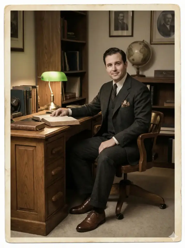 Create a vintage styled photo of a man wearing a charcoal three-piece suit, a neatly folded pocket square and polished brogues. He should sit at a wooden desk with one hand resting on an open book while he looks toward the camera. Use warm lamp lighting that casts soft golden highlights across the room. Add a muted film toned palette with gentle grain. Include bookshelves, a globe and framed portraits in the background. Use aspect ratio 3:4.