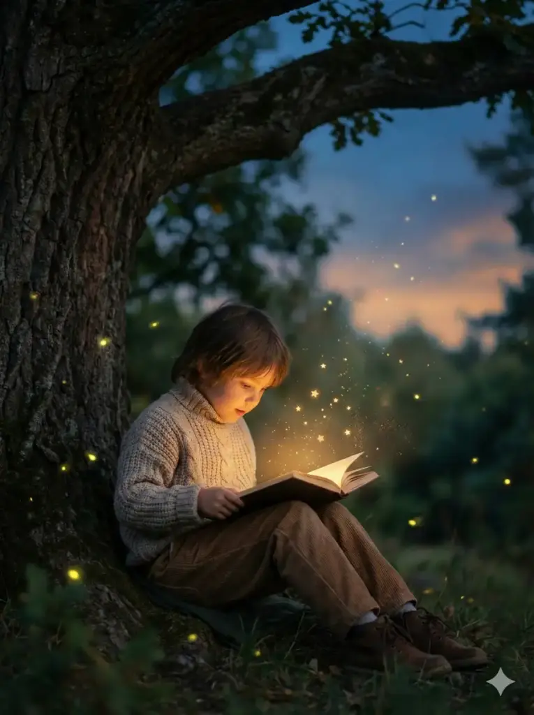 Create a touching fairy tale photo of a child sitting under a large tree at dusk. The open book on their lap glows with warm light. Tiny stars rise from the pages. The child wears cozy clothes and their posture leans slightly forward in wonder. Fireflies float around them. Add aspect ratio 3:4.