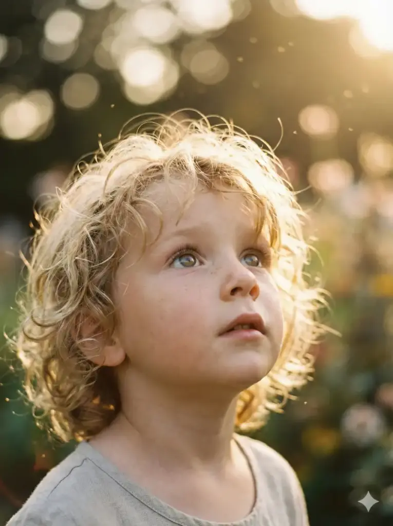Create a soft, ethereal portrait of a young child with messy curls, looking up at the camera with an expression of pure wonder. Focus intensely on the eyes. Dust motes should be dancing in the warm, golden-hour air around the child. The skin texture should be natural with light freckles visible. Use a shallow depth of field (bokeh) to blur the garden background into soft distinct shapes. Use aspect ratio 3:4.