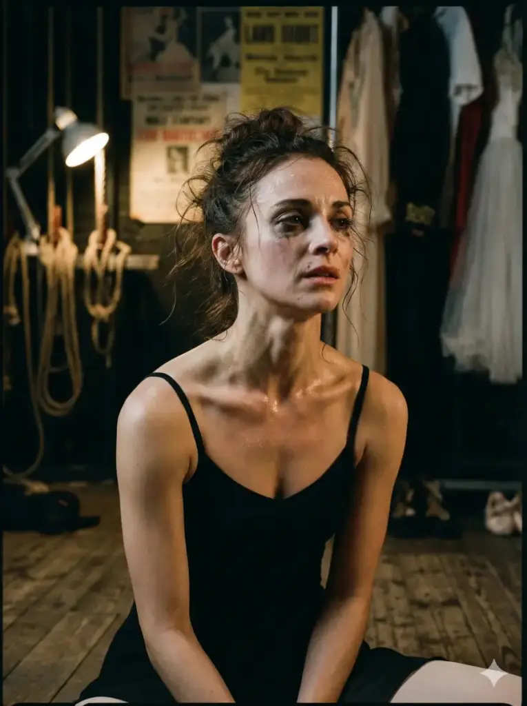 Create a raw and candid portrait of a ballet dancer resting backstage. She is sitting on the floor, breathing heavily, with a sheen of sweat on her collarbones and forehead. Her makeup is slightly smudged, and wisps of hair are escaping her bun. The lighting should be moody and directional, highlighting the muscle definition in her neck and the exhaustion mixed with satisfaction in her eyes. Use aspect ratio 3:4.