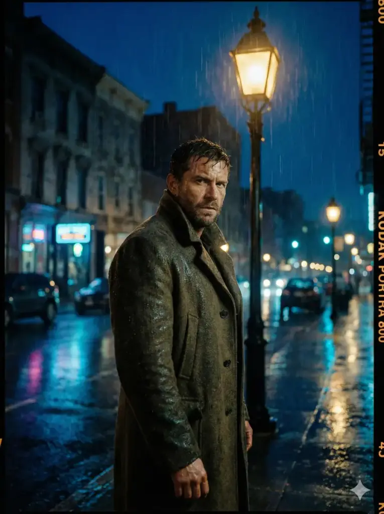 Create a cinematic outdoor portrait of a man standing under a streetlight on a rainy night. He is wearing a long coat, with raindrops visible on his clothing as he looks straight into the camera with a serious expression. The background includes wet asphalt reflecting city lights, blurred buildings, and a moody color palette with deep blues and yellows. Use aspect ratio 3:4.
