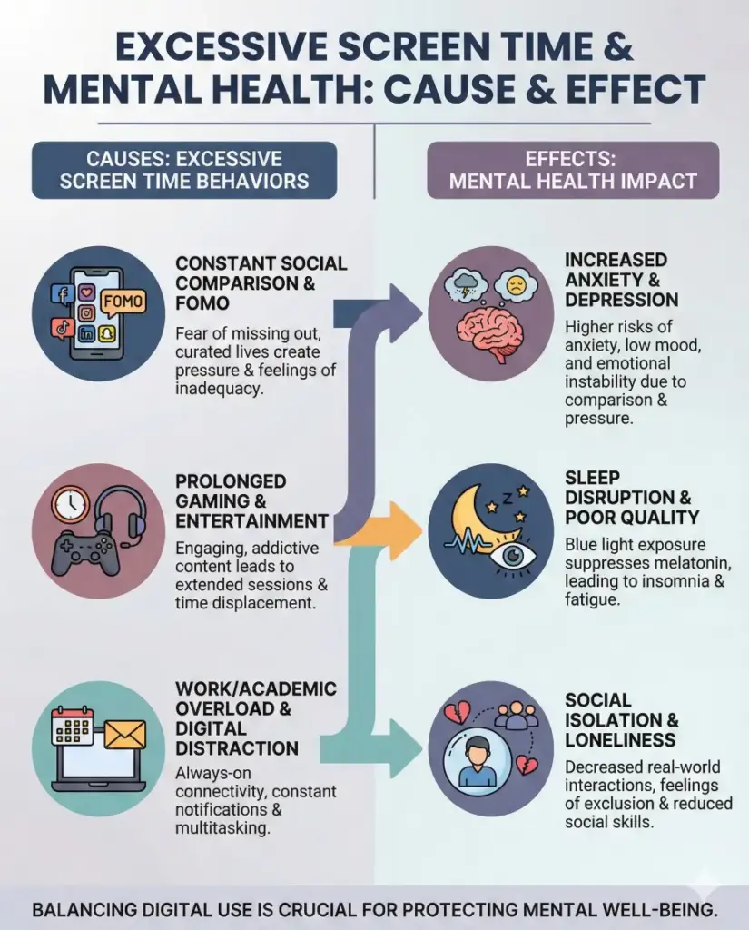 Create a cause and effect infographic explaining how excessive screen time impacts mental health, showing clear cause sections on one side and corresponding effects on the other using icons, arrows, and short explanatory text. Use a calm but serious color palette with good contrast for readability. Use aspect ratio 4:5.
