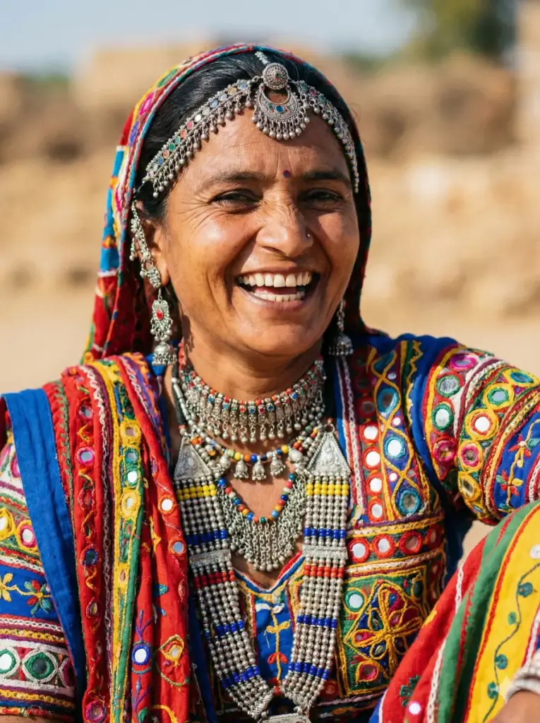 Create a vibrant and emotive portrait of a woman adorned in traditional intricate jewelry and colorful textiles, laughing with pure, unbridled joy. The lighting should be natural and bright, capturing the crinkles around her eyes and the genuine warmth of her smile. The background should be a blur of earth tones to contrast with the vivid colors of her attire. Capture this in high resolution, ensuring every bead and fabric texture is visible and tactile. Use aspect ratio 3:4.
