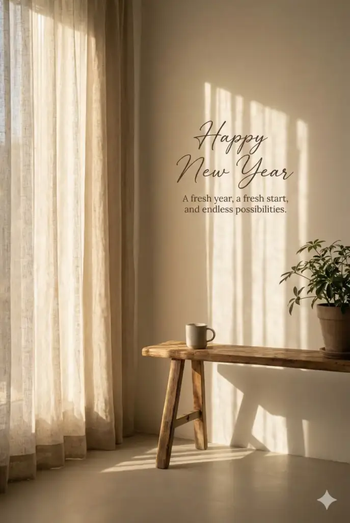 Create a calm morning-themed New Year greeting card showing sunlight streaming through sheer curtains, creating soft shadows and warm highlights. Use a minimal interior setting. Add gentle typography that reads "Happy New Year" with an inspiring message below saying "A fresh year, a fresh start, and endless possibilities." Use aspect ratio 2:3.