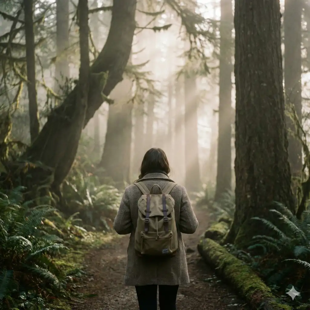 Create a shot from behind of a person walking down a foggy forest path, back facing the camera, soft light filtering through trees, cinematic depth, peaceful atmosphere. Use aspect ratio 1:1.