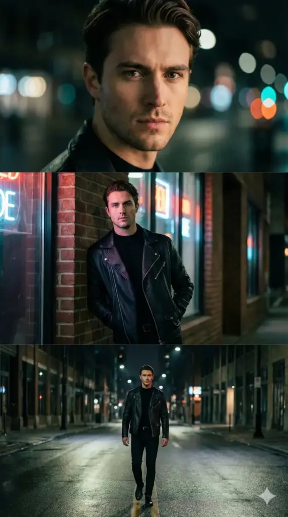 Create a 9:16 vertical cinematic photo divided into 3 stacked frames, featuring a stylish young man in his late 20s wearing a black leather jacket, sharp haircut, and confident attitude.
-Top frame: Close-up of his face with intense eye contact, soft side lighting, shallow depth of field, blurred city lights in the background.
-Middle frame: Medium shot showing his upper body leaning against a brick wall, hands in pockets, neon street lights reflecting on the jacket.
-Bottom frame: Full-body shot of him walking down an empty urban street at night, wet road reflections, moody cinematic lighting.