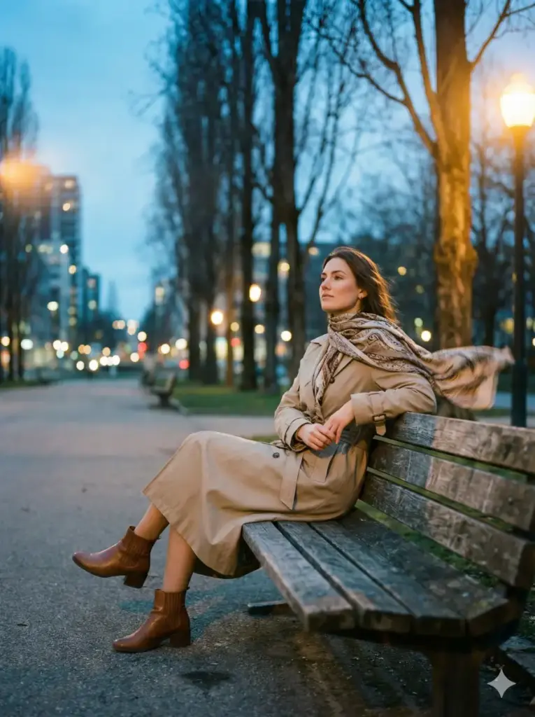 Create a cinematic outdoor photo of a woman sitting on a weathered wooden bench in an empty urban park at dusk. She is wearing a long beige trench coat, a scarf gently flowing in the wind, and ankle boots, while she looks away thoughtfully with relaxed posture. The background features tall trees, blurred city lights, and a cool blue color tone mixed with warm streetlamp glow. Use aspect ratio 3:4.
