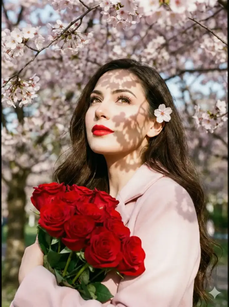 Create a romantic springtime portrait of a young woman standing beneath blooming cherry blossom trees. She holds a lush bouquet of deep red roses close to her chest, their velvety petals vivid and richly saturated. She wears a soft pastel-pink coat that complements the surrounding blossoms. Her long, dark brown hair flows naturally in loose waves, with a single delicate pink cherry blossom tucked behind her ear. Sunlight filters through the branches above, casting intricate, dappled floral shadows across her face and neck, creating an artistic interplay of light and shadow. Her makeup is elegant and refined, with bold red lipstick, softly contoured skin, and expressive eyes with long lashes. She gazes slightly upward and off into the distance with a serene, dreamy expression, evoking romance and quiet contemplation. Use aspect ratio 3:4.