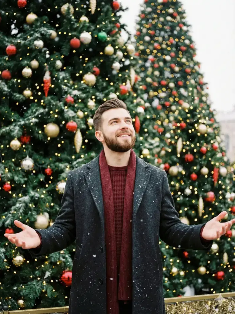 Create a joyful Christmas portrait of a young man standing outdoors in a softly falling snowfall, centered in front of towering, richly decorated Christmas trees. He looks slightly upward with a warm, grateful smile, arms gently open at his sides as if embracing the moment. His posture conveys wonder, peace, and holiday joy. He wears a dark charcoal winter coat layered over a deep red knit sweater and a matching red scarf wrapped comfortably around his neck. His hair is neatly styled, and he has a well-groomed beard, giving a polished yet cozy winter appearance. Use aspect ratio 3:4.