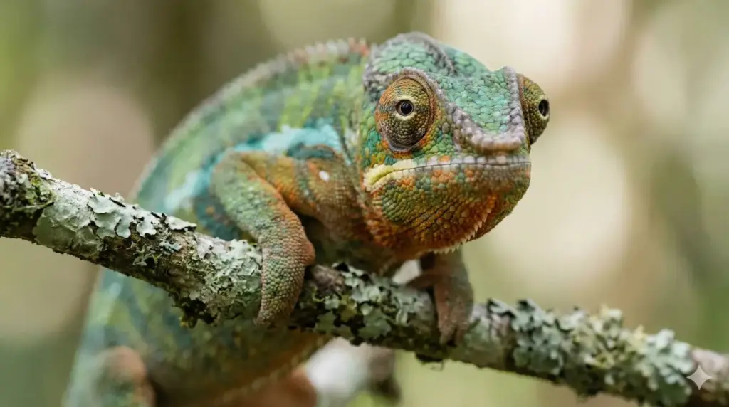 Create a close-range wildlife photograph of a chameleon gripping a thin branch, textured skin with subtle color gradients, one eye sharply focused forward and the other turned outward, shallow depth of field, soft natural daylight, macro-style wildlife realism, National Geographic nature photography quality. Use aspect ratio 16:9.