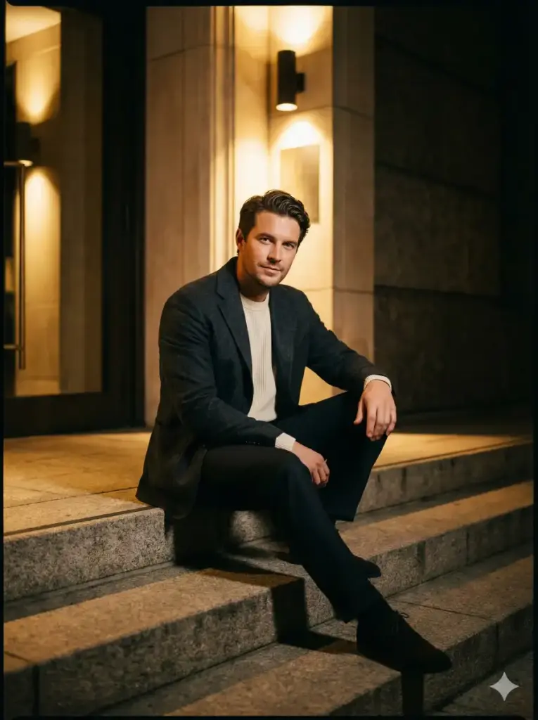 Create a stylish night portrait of a man seated on outdoor steps near a softly lit building entrance. He wears a clean minimalist outfit in neutral tones. Warm architectural lighting casts elegant shadows and adds depth to the scene. The background fades into darkness with subtle texture. Focus on refined composition, relaxed confidence, and editorial-style lighting. Use aspect ratio 3:4.