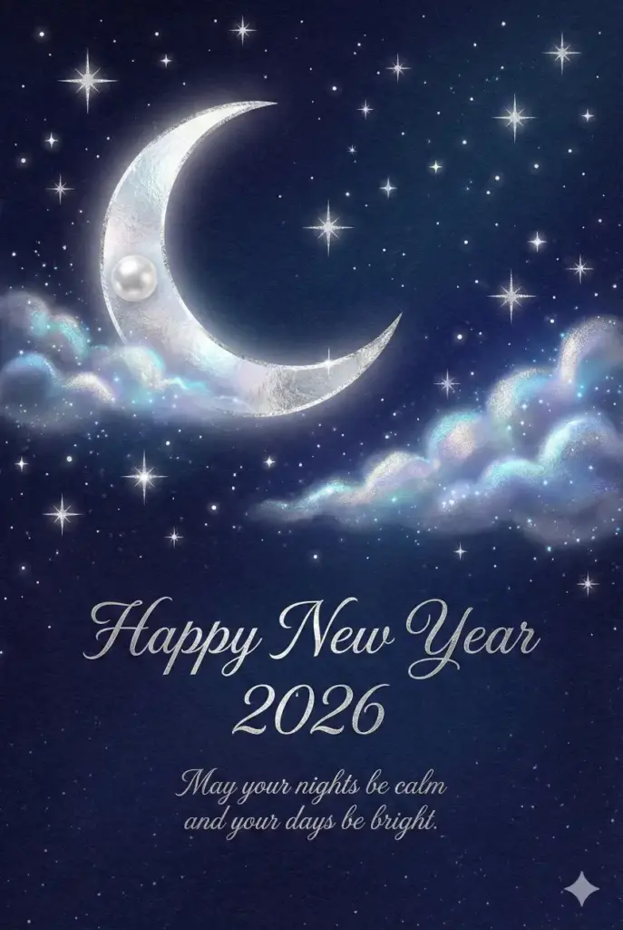 Create a night-sky themed New Year card featuring a crescent moon, twinkling stars, and subtle glowing clouds. Use deep indigo and silver tones for a peaceful mood. Add elegant text reading "Happy New Year 2026" and a thoughtful message below saying "May your nights be calm and your days be bright." Use aspect ratio 2:3.