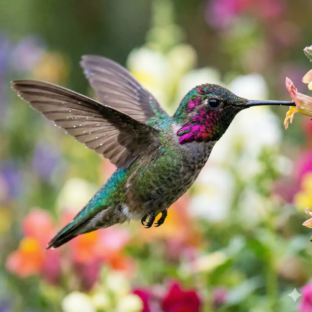 Create a close up macro style shot of a hummingbird hovering mid-air, showing iridescent feathers and tiny details in its wings. Use a blurred floral backdrop. Use aspect ratio 1:1.