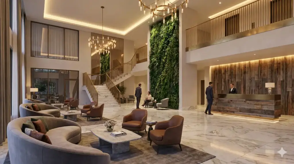 Create a realistic 3D interior render of a hotel lobby with double-height space, marble flooring, modern seating, and warm ambient lighting. Professional architectural visualization quality. Use aspect ratio 16:9.