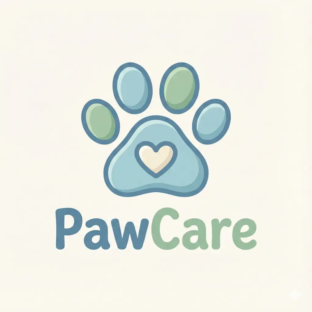 Create a friendly pet care logo in aspect ratio 1:1. Feature a simple paw print with a small heart shape inside the central pad, using soft rounded edges. Include the text PawCare in a relaxed rounded font.