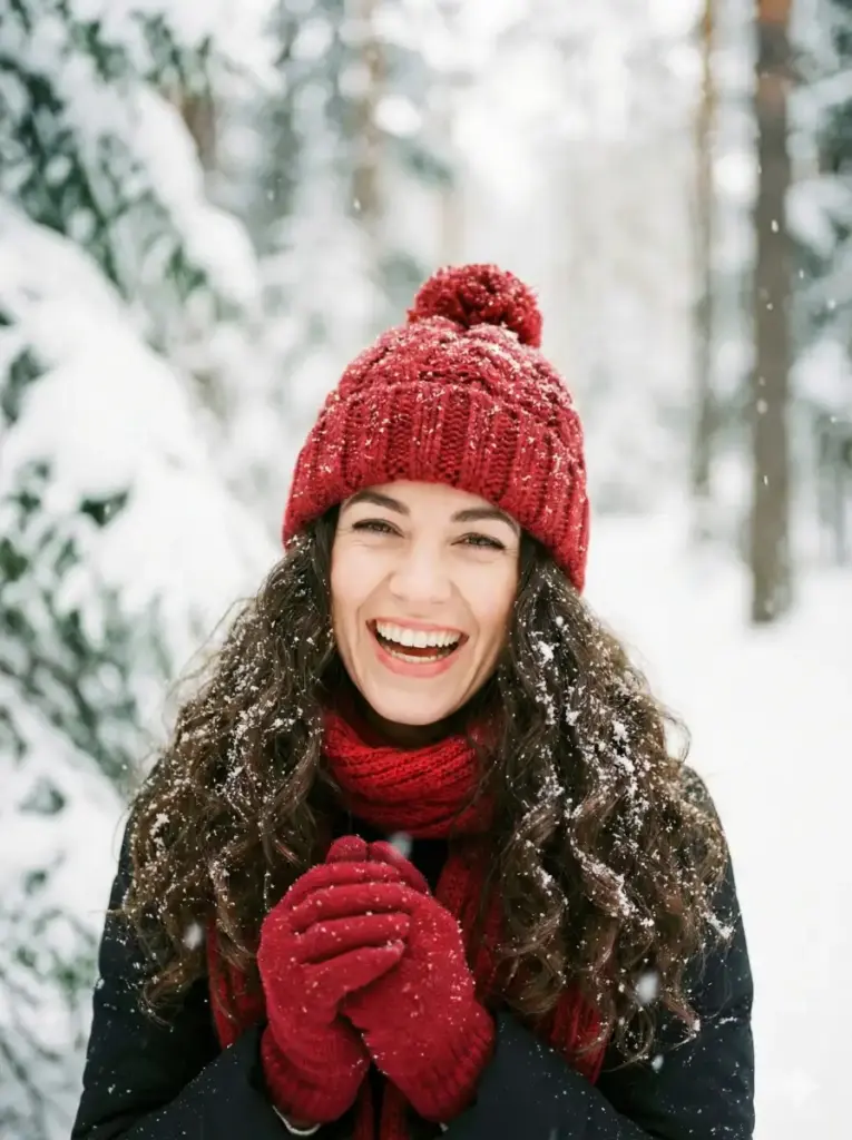 Create a cheerful winter portrait of a woman outdoors in a snowy landscape, surrounded by softly falling snowflakes. She is dressed warmly in bright red winter accessories—a chunky knit beanie with a pom-pom on top, matching red knit gloves, and a red scarf wrapped snugly around her neck. Her long, dark, curly hair peeks out from under the hat, dusted with delicate snow. The background is softly blurred, showcasing snow-covered trees and a serene, wintry atmosphere. Lighting is soft and natural, enhancing the cool tones of the snow and the vibrant red of her outfit. The overall mood is joyful, festive, and cozy, with a crisp winter aesthetic. Use 3:4 aspect ratio.