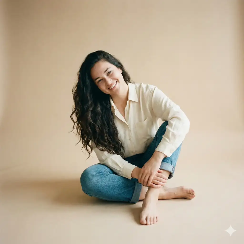 Create a soft, minimalist studio portrait of a person seated casually on the floor against a warm beige backdrop. The subject sits cross-legged, barefoot, with a relaxed, slightly tilted posture that conveys ease and warmth. Their head leans gently to one side, paired with a natural, genuine smile that feels approachable and calm. They wear a loose, cream-colored button-up shirt with subtle fabric folds and light texture, paired with simple blue jeans rolled slightly at the ankles. Long, dark, wavy hair falls naturally over one shoulder, adding organic movement and softness to the composition. Lighting is soft and diffused, studio-style, with no harsh shadows creating smooth skin tones and a clean, editorial feel. The color palette is neutral and cohesive: warm beige, soft cream, muted denim blue. Use aspect ratio 1:1.