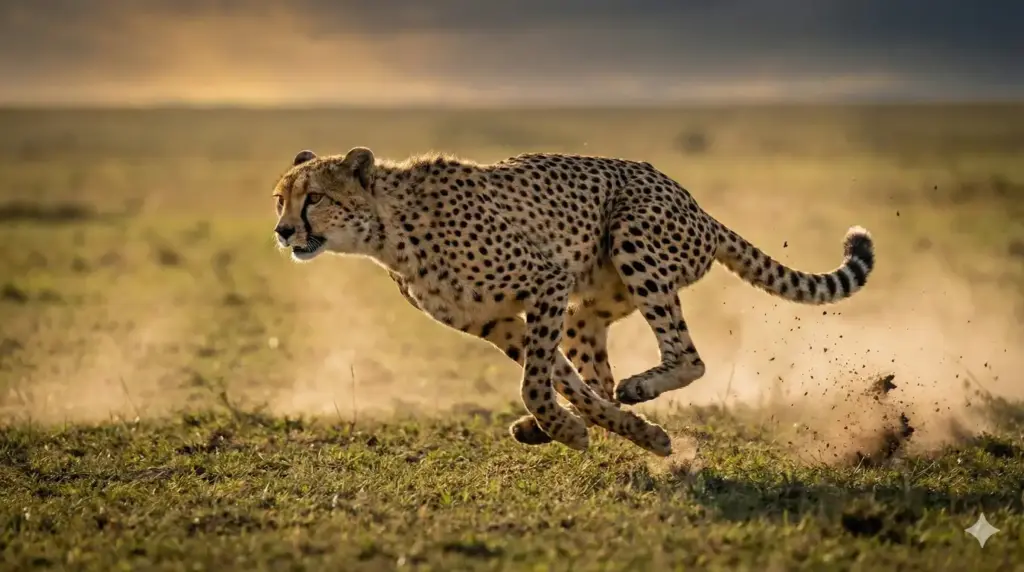 Create a stunning wildlife photograph of a cheetah sprinting across open grassland, muscular body fully extended mid-stride, dust particles rising from the ground, sharp facial focus with slight motion blur on limbs, golden sunlight highlighting spotted fur, dramatic action capture, ultra-high-speed wildlife photography style. Use aspect ratio 16:9.