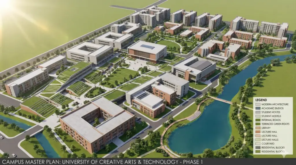 Create a detailed 3D site planning visualization of an institutional campus with academic buildings, hostels, internal roads, landscaped areas, and open courtyards. Professional architectural presentation style. Use aspect ratio 16:9.