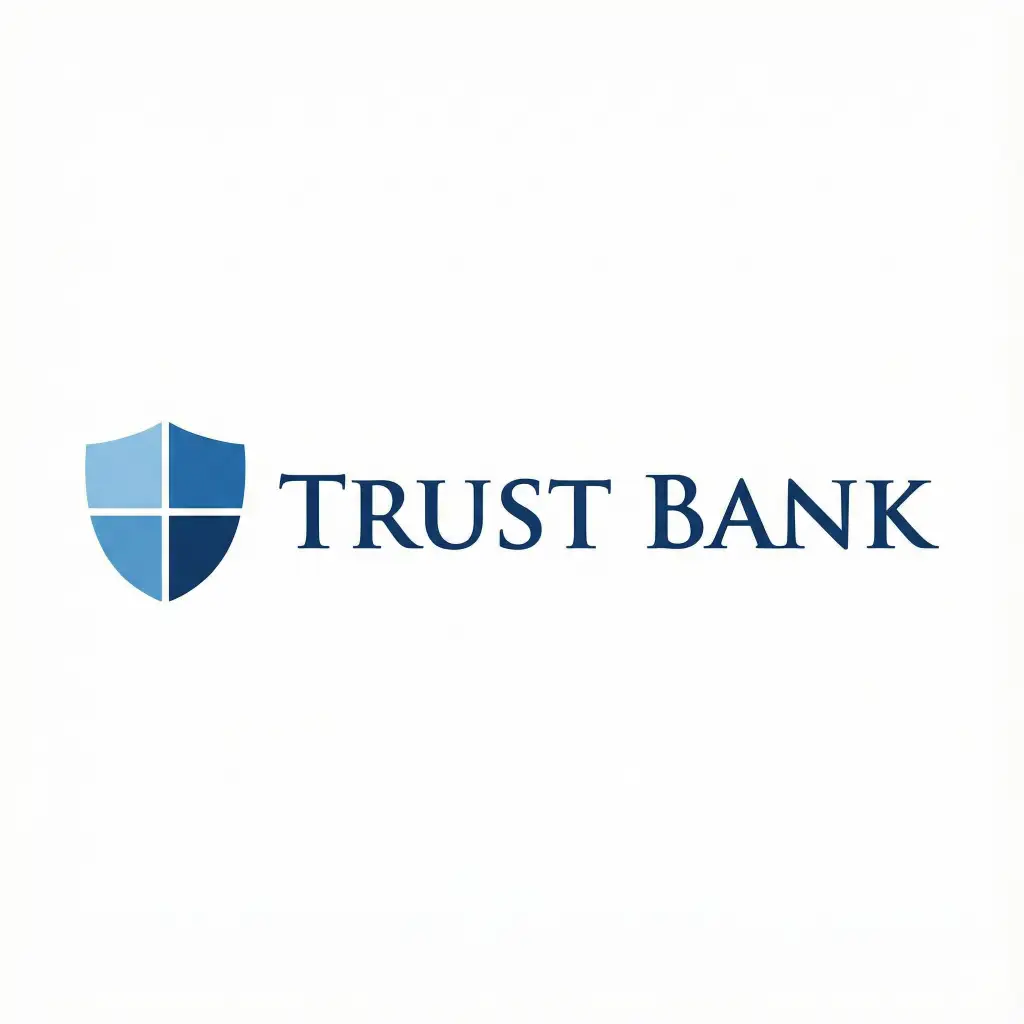 Create a professional corporate logo for a bank. The symbol is a minimalist shield divided into four quadrants in varying shades of blue. The text "TRUST BANK" is positioned to the right of the shield. The font for the text must be a traditional, trustworthy Trajan Pro serif font in a solid navy blue color. The alignment should be perfectly horizontal and balanced. White background. Aspect ratio 1:1.