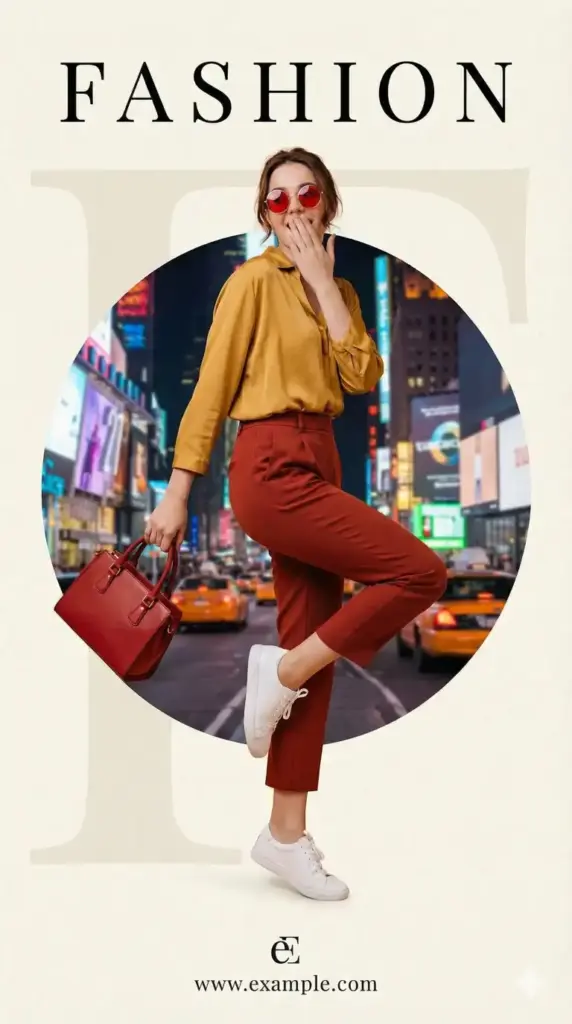 Create a luxury fashion poster. A stylish young woman stands confidently in a dynamic pose, one leg slightly bent, conveying surprise and playful energy. She wears a mustard-yellow long-sleeve blouse with a relaxed fit, high-waisted rust-red cropped trousers, and clean white low-top sneakers. Accessories include round red-tinted sunglasses and a structured red handbag, adding bold contrast and a fashion-forward edge. Behind her is a large circular cutout framing a vibrant urban city scene reminiscent of Times Square, with glowing billboards and colorful lights, creating a sense of motion and modern city life. At the top, the word "FASHION" appears in refined black serif typography, centered and spaced generously. At the bottom, a logo and www.example.com are placed subtly, maintaining a premium editorial layout. A faint oversized typographic letterform is embedded in the background as a soft design element, adding depth without distraction.