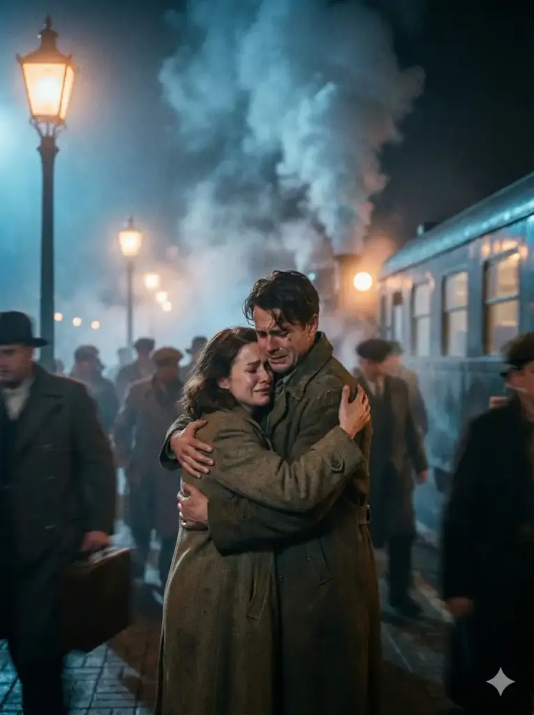 Create a cinematic, high-emotion shot of a couple reuniting at a foggy train station platform at night. They are embracing tightly, seemingly oblivious to the blurred, rushing crowd around them. The focus is on their expressions of sheer relief and longing. Steam from the train mixes with the cold air. The lighting is moody, with cool overhead station lights contrasting with the warmth of their embrace. Use aspect ratio 3:4.
