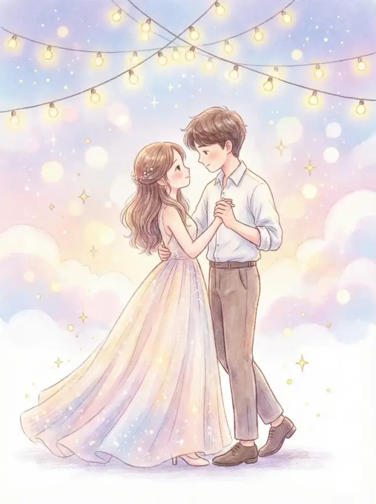 Create a cute dreamy illustration of a couple dancing slowly under glowing string lights. The girl wears a flowy dress with sparkles that trail slightly. The boy wears a dress shirt with sleeves rolled and simple trousers. Their hands interlock while they look into each other's eyes. Add bokeh lights, floating sparkles and soft pastel clouds behind them. Use aspect ratio 3:4.
