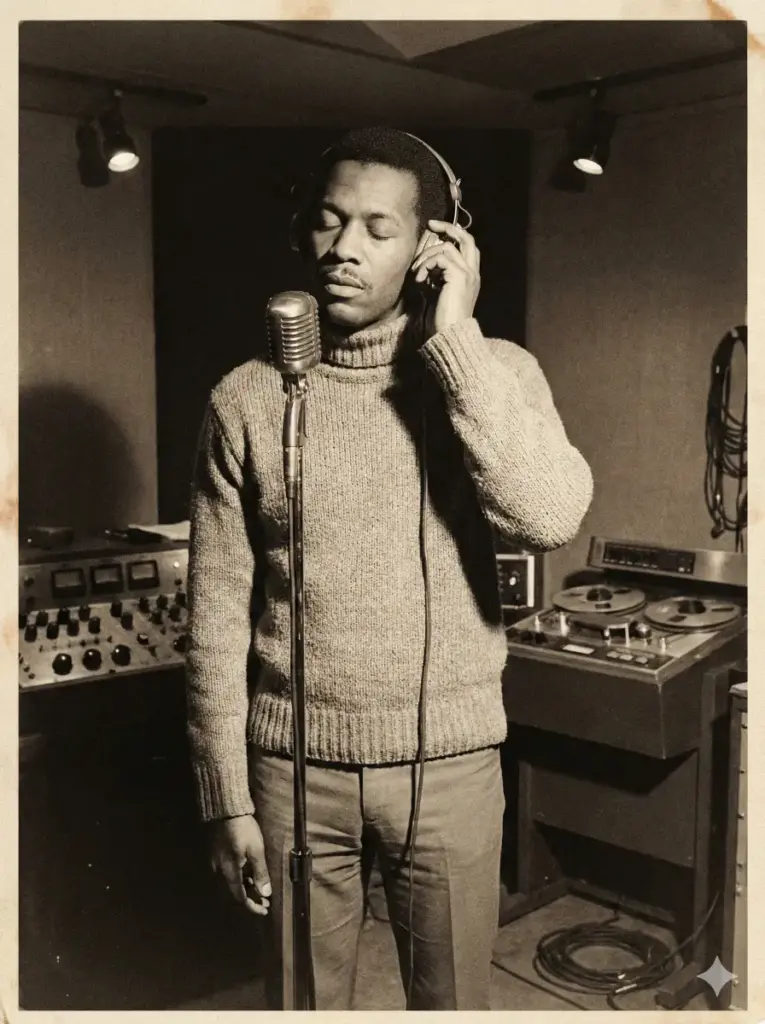 Create a vintage styled photograph of a man wearing a turtleneck sweater, slim trousers and round headphones while standing at a microphone. He should hold the headphones with one hand and look slightly down in concentration. Use dim studio lighting with small focused spotlights. Add a warm slightly grainy tone. Include mixing equipment and reel to reel machines in the background. Use aspect ratio 3:4.