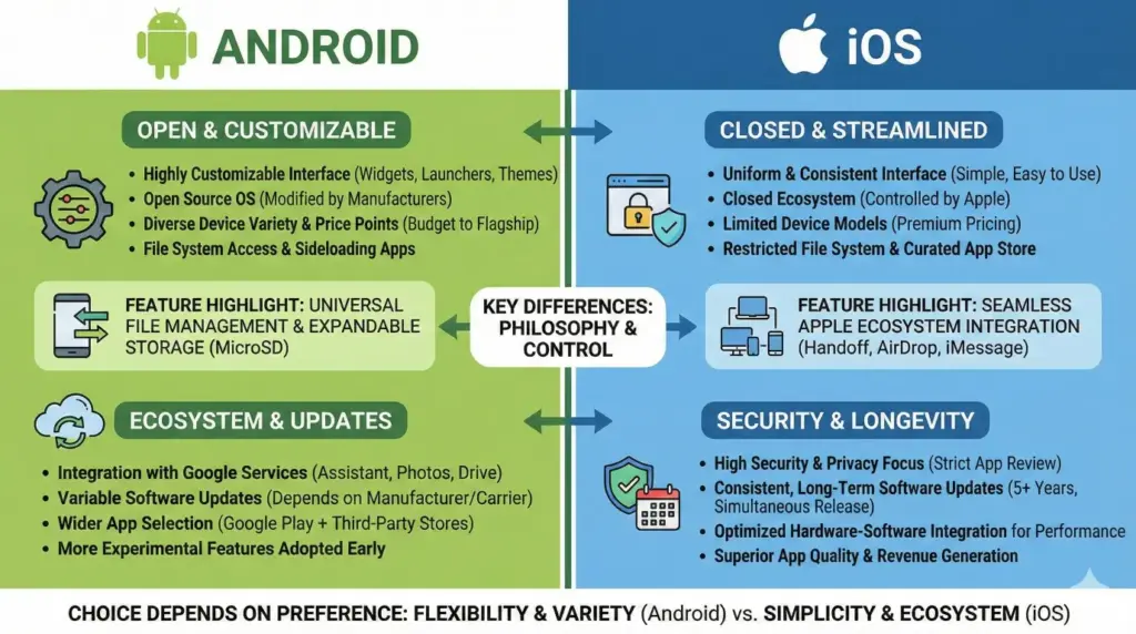 Create a comparison infographic comparing Android vs iOS, split into two vertical sections with icons, bullet points, feature highlights, and contrasting color themes for each side. Keep the design balanced and easy to understand. Use aspect ratio 16:9.