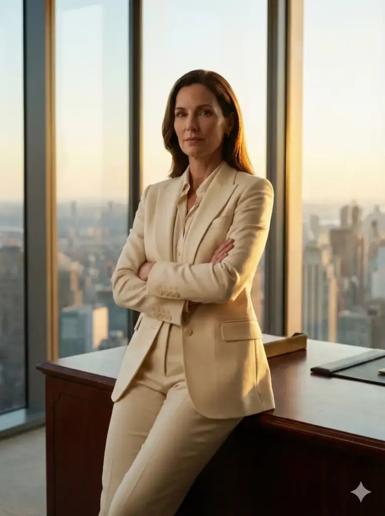 Create a hyper-realistic, cinematic portrait of a confident female CEO standing in a luxury corner office with floor-to-ceiling glass windows. She is wearing a tailored cream-colored power suit made of high-quality wool, paired with a subtle silk blouse. Her posture is powerful yet relaxed, leaning slightly against a mahogany desk with arms crossed loosely. The background features a blurred, stunning city skyline at golden hour, creating a warm, amber rim light around her silhouette. Use an 85mm lens effect for a flattering portrait focal length. Ensure the skin texture is natural and detailed. Aspect ratio 3:4.