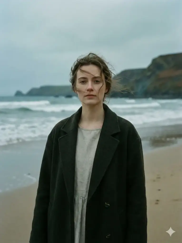 Create a cinematic outdoor portrait of a young woman standing on a quiet beach during overcast weather. She is wearing a long dark coat layered over a simple dress, with her hair gently blown by the sea breeze and her posture calm yet strong. The background features rolling waves, muted skies, and a cool color palette that adds emotional depth. Use aspect ratio 3:4.