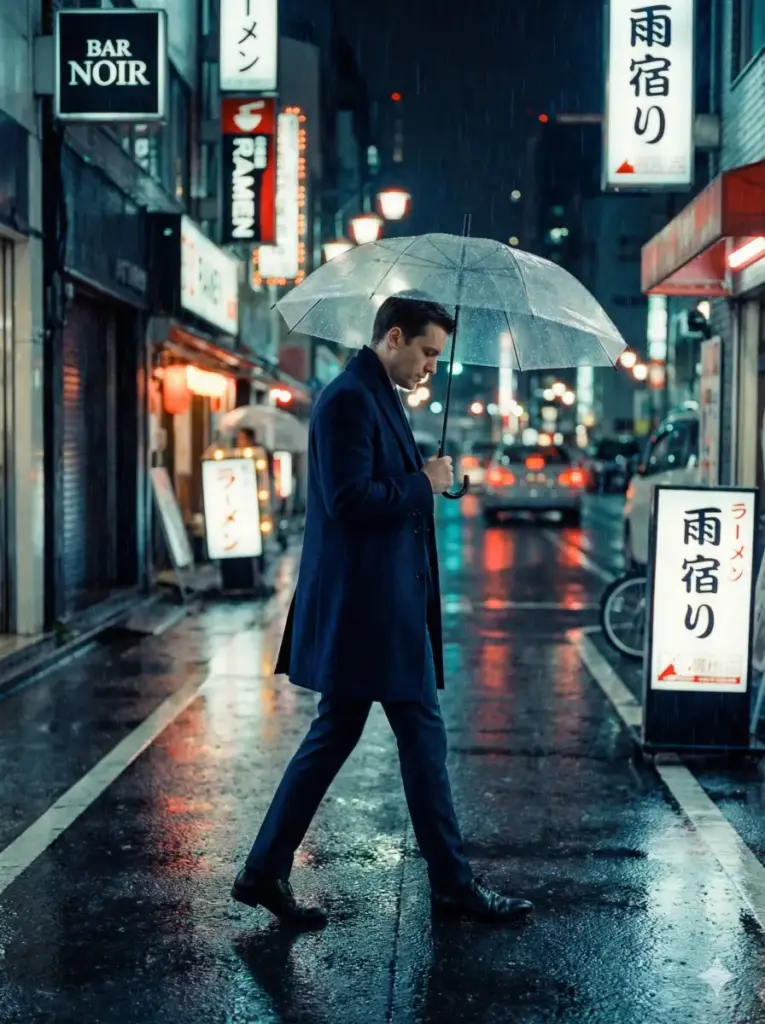 Create a cinematic photo of a man walking through a rainy city street while wearing a tailored navy coat, slim trousers, and black dress shoes. Show him holding a transparent umbrella and looking down as raindrops fall around him. Use reflective neon lighting from nearby shops to create colorful streaks on the wet pavement. Keep the color tone deep and atmospheric. Place blurred city traffic and glowing street signs behind him. Use aspect ratio 3:4.