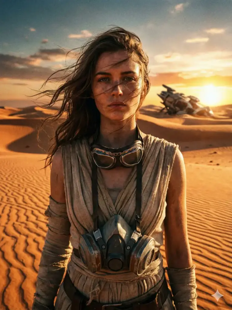 Create a gritty, textural portrait of a young woman in a high-budget sci-fi setting. She is wearing distressed linen wraps, leather goggles around her neck, and a futuristic breathing apparatus hanging loosely on her chest. She stands amidst vast, rippling orange sand dunes with sunset on the horizon. The wind is blowing her hair across her face. The lighting is harsh and dramatic, casting long shadows, with high contrast and sharp details on the fabric textures. IMAX film aesthetic. Use aspect ratio 3:4.