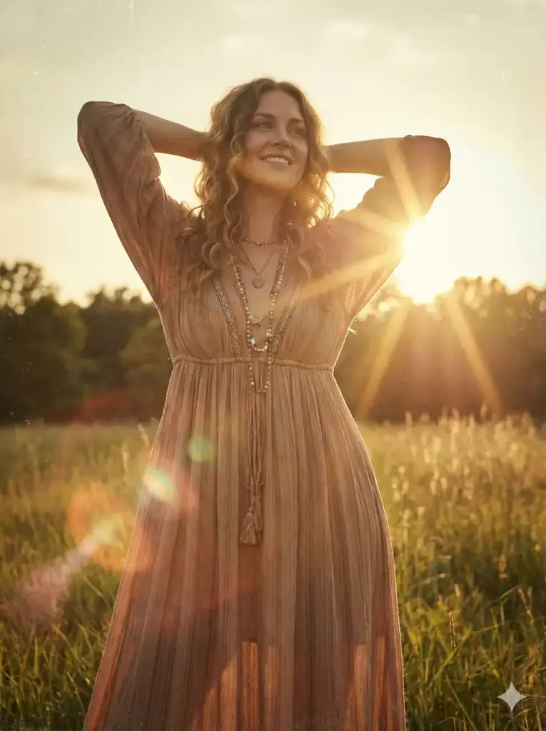 Create a vintage portrait of a woman wearing a flowing bohemian maxi dress, layered necklaces and loose wavy hair. She should stand in a relaxed pose with both hands behind her head. Use soft golden hour lighting with gentle lens flare. Add a warm slightly hazy color tone typical of 1970s photography. Set her in an open field with tall grass and distant trees. Use aspect ratio 3:4.