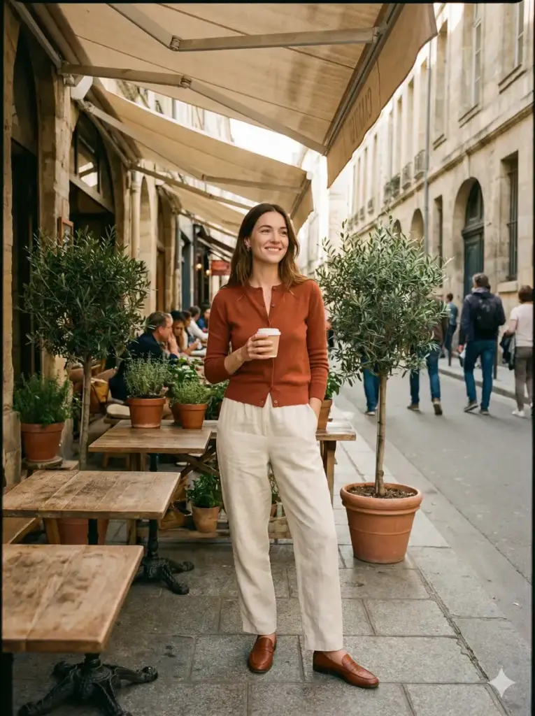 Create a cinematic image of a woman sitting at an outdoor café while wearing a fitted cardigan, loose trousers, and loafers. Show her holding a cup of coffee with a relaxed posture. Use natural light softened by nearby awnings. Keep the color tone warm and gentle. Add small plants, wooden tables, and a narrow city street in the background. Use aspect ratio 3:4.