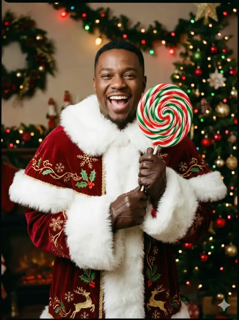 Create a vibrant studio Christmas portrait of a joyful man dressed in a luxurious Santa-inspired outfit. He faces the camera directly with an open-mouthed smile, radiating excitement and holiday cheer. He wears a deep red velvet coat trimmed with thick white faux fur along the collar and cuffs, accented with elegant gold embroidery details. Brown leather gloves add a refined, classic touch. He holds an oversized spiral lollipop upright beside his face creating a playful, whimsical focal point. Use aspect ratio 3:4.