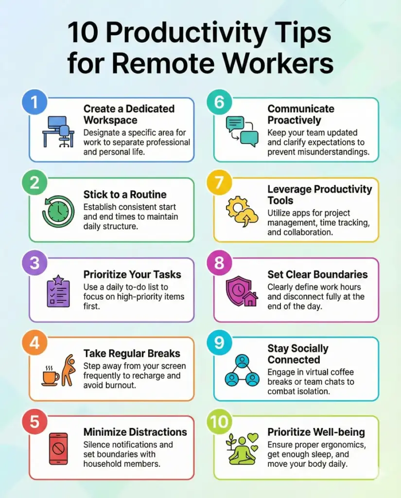 Create a list-based infographic titled "10 Productivity Tips for Remote Workers," using numbered sections, small icons, short text blocks, and consistent spacing. The style should be modern and easy to read. Use aspect ratio 4:5.